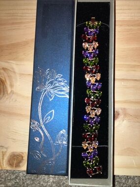 Multicolor Crystal Bracelet for Women Vibrant Gemstone Link Rose Gold Tone 7.5”